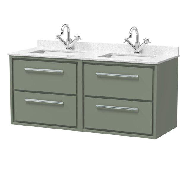 Balterley Wall Hung 4 Drawer Vanity Unit with Double Marble Basins Green Reed Green 617 x 1220 x 470mm