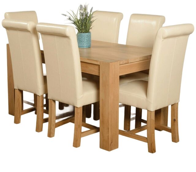 Kuba 150 x 85 cm Medium Oak Dining Table and 6 Washington Leather Chairs Cream Cream