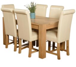 Kuba 150 x 85 cm Medium Oak Dining Table and 6 Washington Leather Chairs Cream Cream