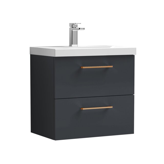 Balterley Wall Hung Bathroom 2 Drawer Vanity Unit and 1 Tap Hole Ceramic Basin, with Handles Grey Soft Black