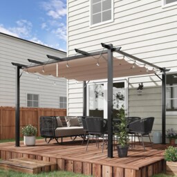 Outsunny 3 x 3m Pergola with Retractable Roof Canopy, Aluminium Frame Garden Gazebo Outdoor Sun Shade Shelter for Grill, Patio, Brown