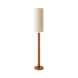 ValueLights Wyatt Natural Linen Tall Shade Walnut Wood Bobbin Floor Lamp and Bulb
