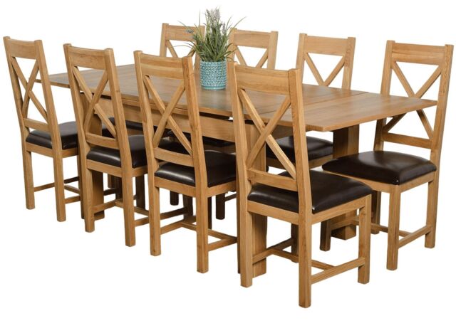 Richmond 140-220cm Oak Extending Dining Table and 8 Berkeley Leather Chairs Brown Brown