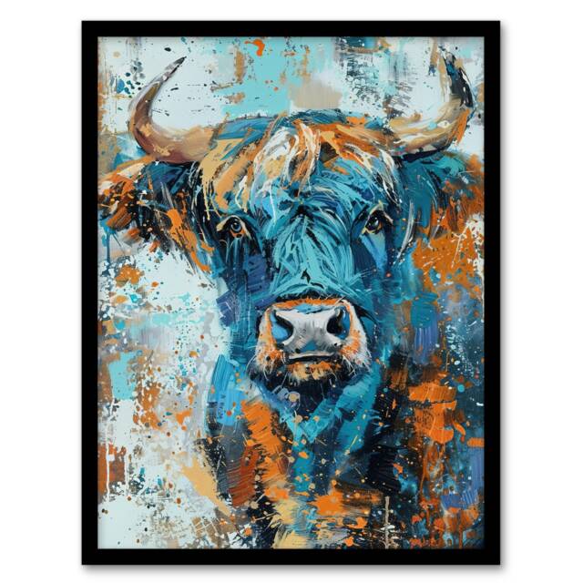 Highland Cow Oil Scottish Animal Living Room Cow Black Framed Wall Art Print A4
