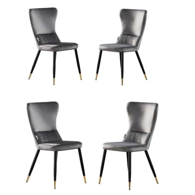 Set of 4 New York Modern Velvet Dining Chairs with High Back, Black Metal Legs Grey Gold End Tips