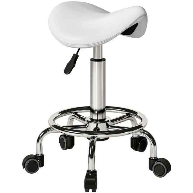 HOMCOM Saddle Chair, Rolling Salon Stool for Massage Spa White White 36.5 x 37.5 x 51-66 cm