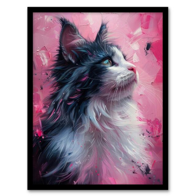 Maine Coon Cat Hot Pink Animal Lover Living Room Black Framed Wall Art Print A4