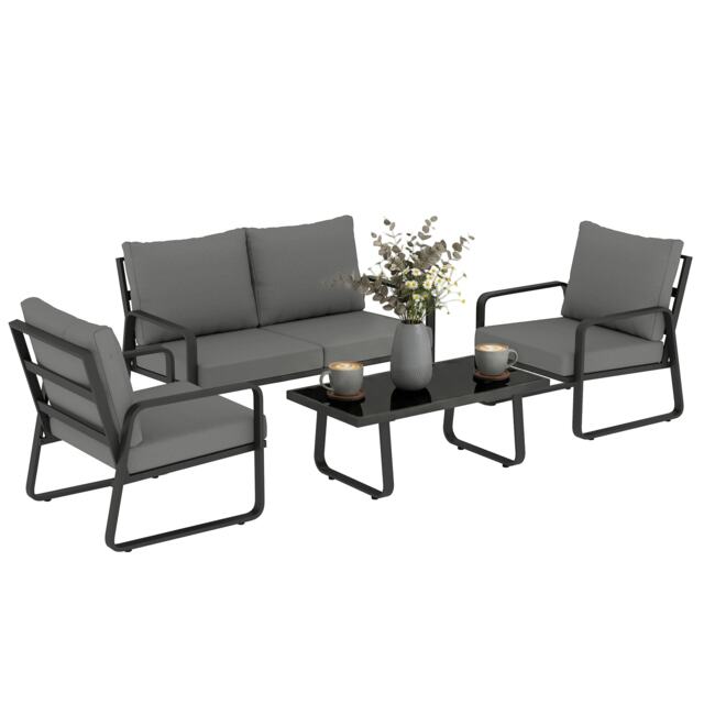 Outsunny 4 Piece Garden Furniture Set, Outdoor Sofa Set, Black Black Black, Light Grey Five Plus Seater