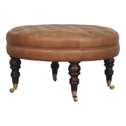 Artisan Furniture Solid Wood Brown Buffalo Leather Round Ottoman with Castor Legs, Upholstered, Brown