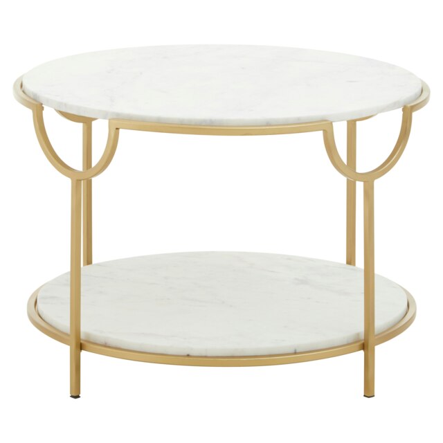 Interiors by Premier White Marble Stone Gold Finish Side Table, Iron Frame End Table with 2 Tier Design, Modern Side Table White