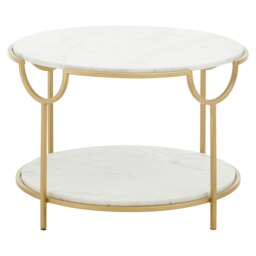 Interiors by Premier White Marble Stone Gold Finish Side Table, Iron Frame End Table with 2 Tier Design, Modern Side Table White