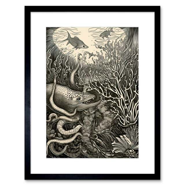 "Vintage Underwater Aquatic Animals Black White Sea Life 9x7"" Black Framed Wall Art Print"
