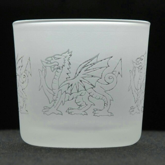Animo Glass Engraved Votive Tealight Holder Welsh Dragon Frosted
