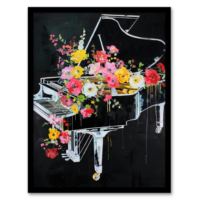 Wildflowers Grand Piano Street Art Graffiti Black Framed Wall Art Print A4