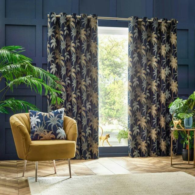 Wylder Galapagos Jacquard Navy Eyelet Curtains (W)117cm x (D)183cm Multi
