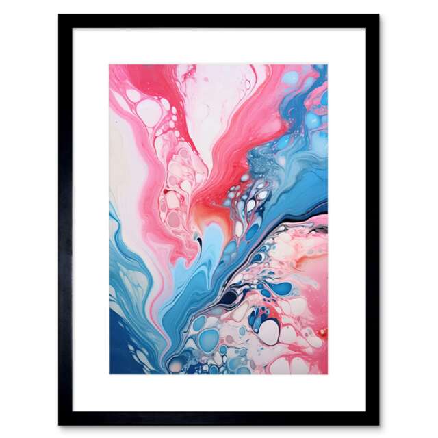 "Fluid Paint Acrylic Pouring Abstract Colours 9x7"" Black Framed Wall Art Print"