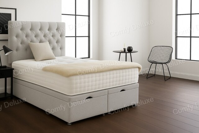 Silver Linen 5ft Kingsize Ottoman Divan Foot Lift Open Bed Set Headboard With Memory Mattress