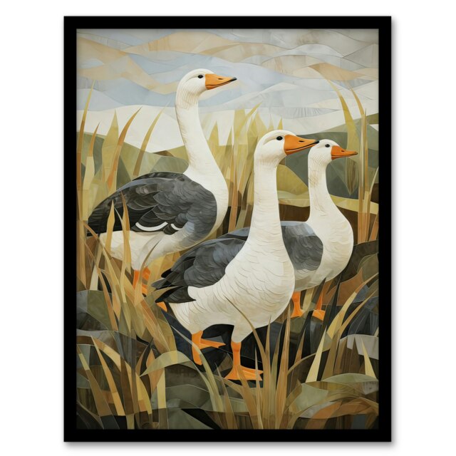 Three Wild Geese Stylised Oil Grey Orange Black Framed Wall Art Print A4
