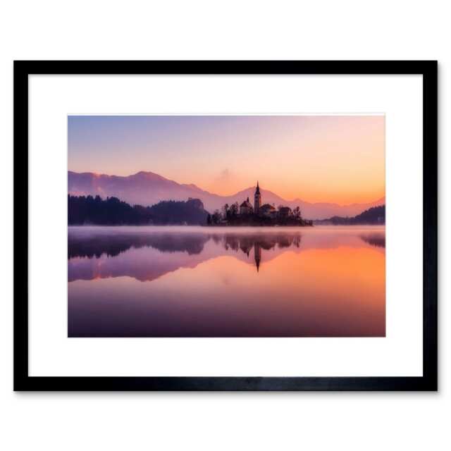 "Lake Bled Island Slovenia Sunset Photo 9x7"" Black Framed Wall Art Print"