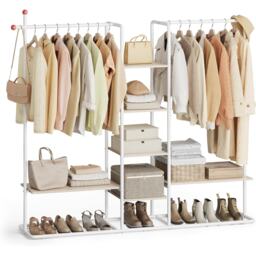 Garment Rack with Storage Shelves, Double Hanging Rails and Shoe Shelf, Matchstick Hooks, Natural Beige and Matte White