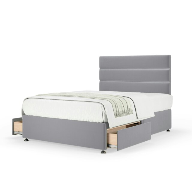 Majestic 1000 Pocket Sprung Silver Plush Velvet 2 Drawer Divan Set And Milan Headboard Small Double