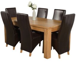 Dakota 182 x 92cm Oak Large Dining Table and 6 Lola Leather Chairs Brown Brown