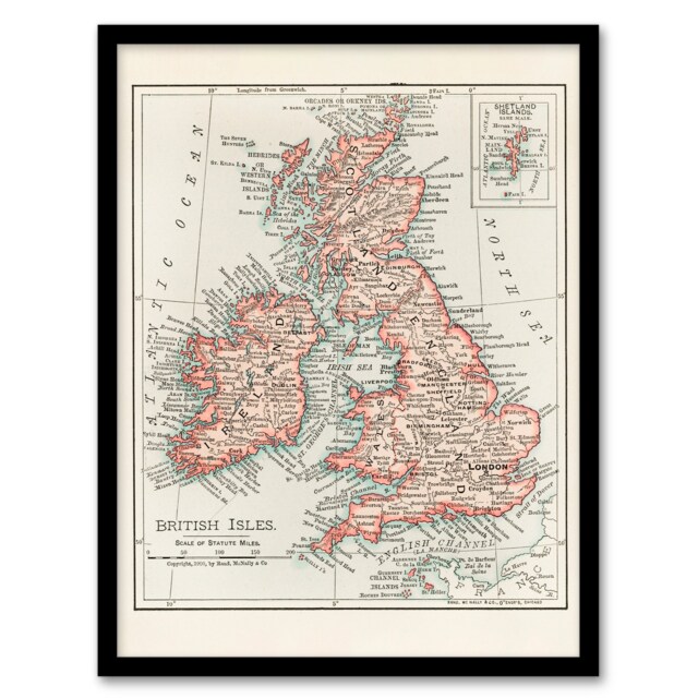 Rand Mcnally and Co Framed Wall Art Vintage 1900 British Isles Map Home Décor