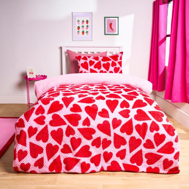 OHS Heart Waffle Sherpa Fleece Reversible Duvet Cover Bedding Set Red Pink/Red Single