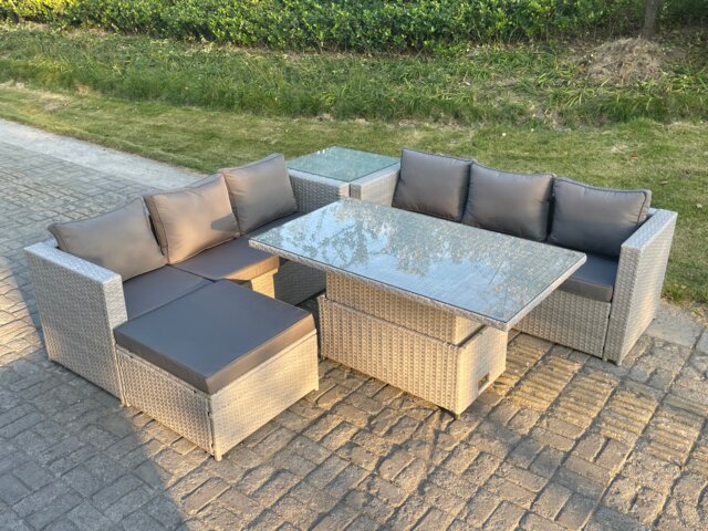Fimous Rattan Garden Funiture Set Adjustable Rising Lifting Table Sofa Dining Set With Side Coffee Tea Table Footstool