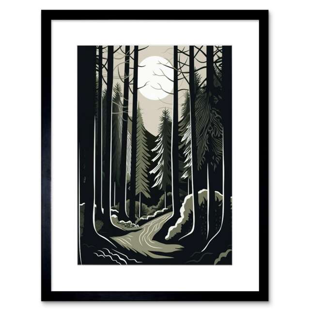 "Full Moon Night at Pine Forest Landscape 9x7"" Black Framed Wall Art Print"