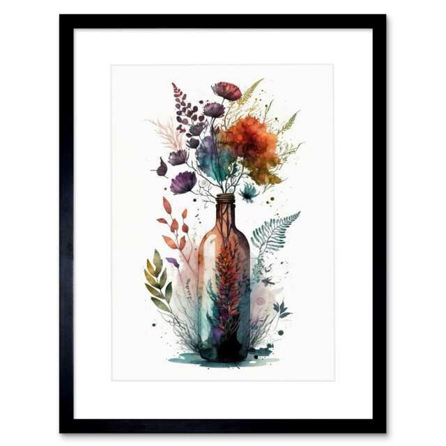 "Wine Bottle Spring Wildflower Floral Bouquet 9x7"" Black Framed Wall Art Print"
