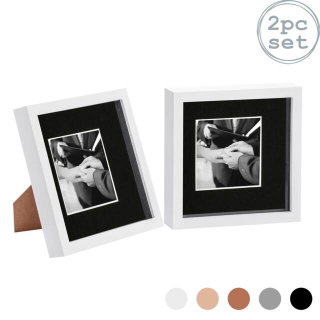"Nicola Spring 8 x 8"" Photo Frames - White/Black Mount - 3D Picture Frame Box Portrait Display Case (22.5 x 22.5cm) Set of 2"