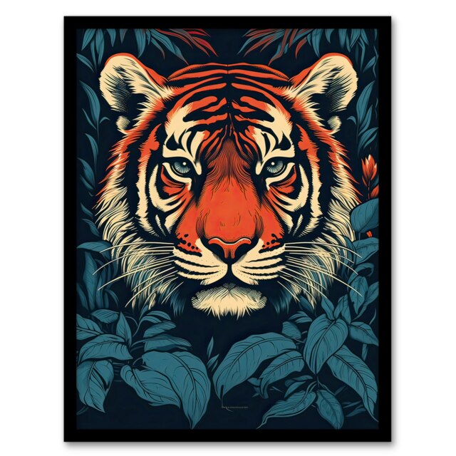 Fierce Bengal Tiger Jungle Bushes Teal and Coral Black Framed Wall Art Print A4