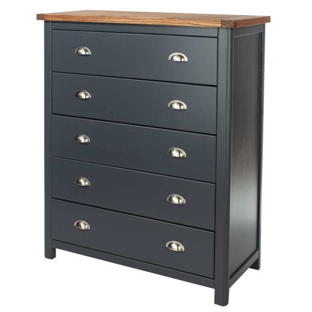 Dunkeld 5 Drawer Chest - Midnight Blue Painted Wood Bedroom Storage with Antique Oak Effect Top and Silver Handles Blue Blue 1