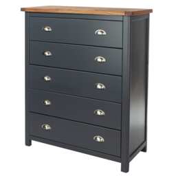 Dunkeld 5 Drawer Chest - Midnight Blue Painted Wood Bedroom Storage with Antique Oak Effect Top and Silver Handles Blue Blue 1