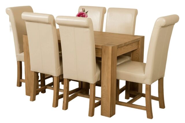 Kuba 125x80cm Chunky Oak Small Dining Table and 6 Washington Leather Chairs Cream Cream