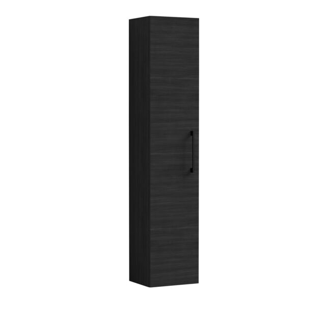 Balterley Level Modern Bathroom 1 Soft Close Door Wall Hung Tall Storage Unit, with Handle Black Black Woodgrain