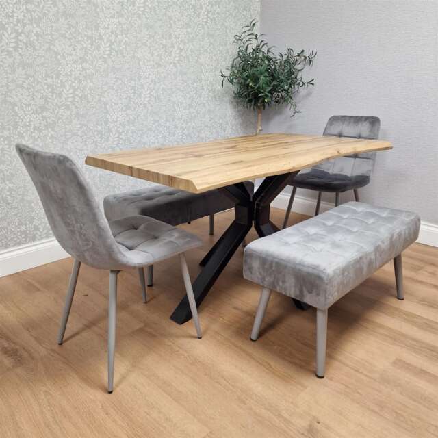 Wooden Dining Table with 2 Grey Velvet Chairs and Padded Benches, Dining Room Furniture