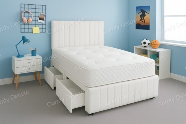 White Plush 6ft Superking Divan Bed Set Headboard & Footboard - 4 Drawers