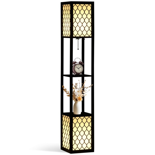 HOMCOM Floor Lamp with Shelves, Modern Tall Standing Lamps with Fabric Lampshade, Chain Switch and Dual Light for Living Room, Bedroom, Bulb not Included, Black
