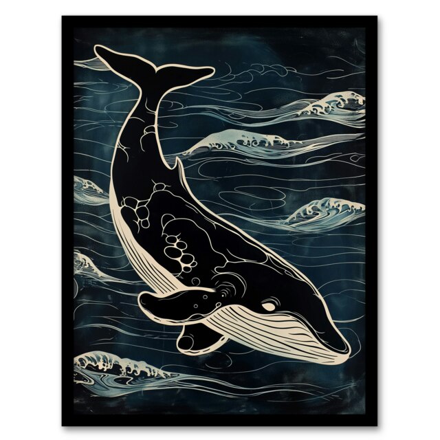 Ocean Waves Pattern Woodcut Living Room Whale Black Framed Wall Art Print A4
