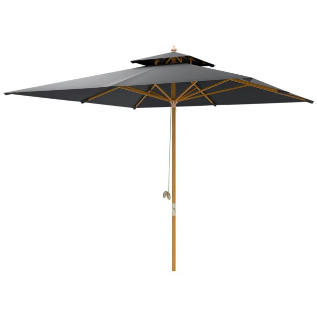 Outsunny 3x3m Garden Parasol, Double Tier Wooden Pole, Black Black Black 300cm x 300cm x 297cm
