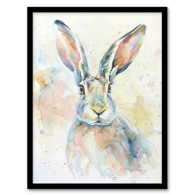 Colourful Bunny Rabbit Light Watercolour Living Room Black Framed Wall Art Print A4