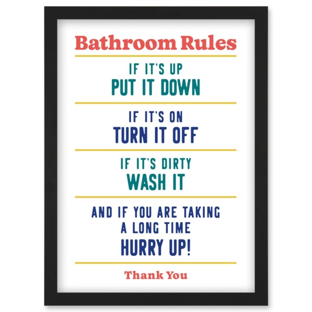 Colourful Funny Bathroom Toilet Rules Sign A4 Black Framed Wall Art Print