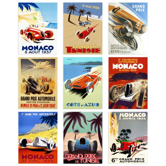 Pack of 9 Vintage Advert Grand Prix Monaco Race Motorsport Car Racing Wall Art Print A4