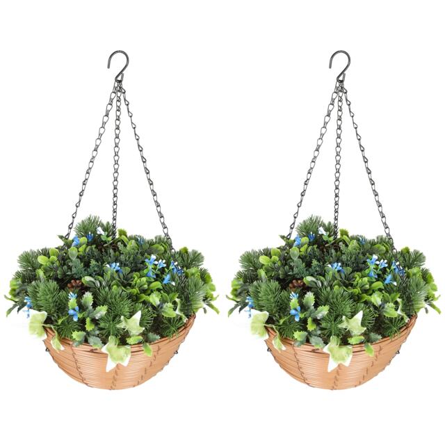 HOMCOM Artificial Flowers in Basket Set of 2 with PE Leaves and 18 Flowers Green Green