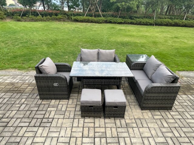 Fimous Lounge Rattan Sofa Set Outdoor Garden Furniture Oblong Rectangular Dining Table With Chairs Side Table 2 Small Footstools Dark Grey Mixed
