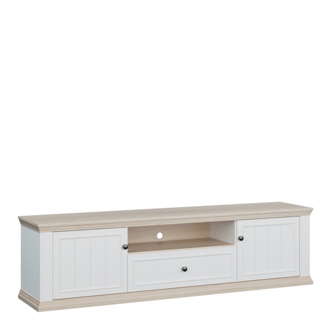 Pontypool Wide TV Unit with 2 Doors, Drawer & Open Shelf in White and Riva Oak