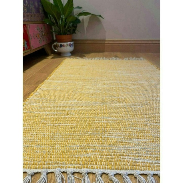 Hush Hand Loomed Soft Rug in Muted Colours - Cotton - L60 x W90 cm - Mustard Yellow Multi