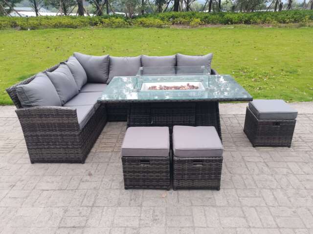 Fimous High Back Corner Rattan Garden Furniture Sofa Gas Fire Pit Dining Table Sets Gas Heater 9 Seater 3 Small Footstools